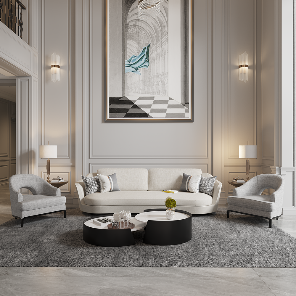 Luxurious modern living room with a beige sofa, two gray armchairs, and round black-and-white coffee tables on a gray rug.