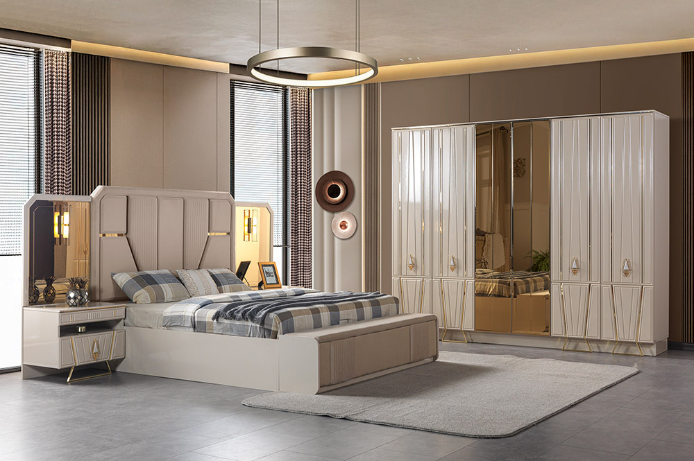 Luxurious modern bedroom with a large upholstered bed, matching nightstands, and a mirrored wardrobe in neutral tones.