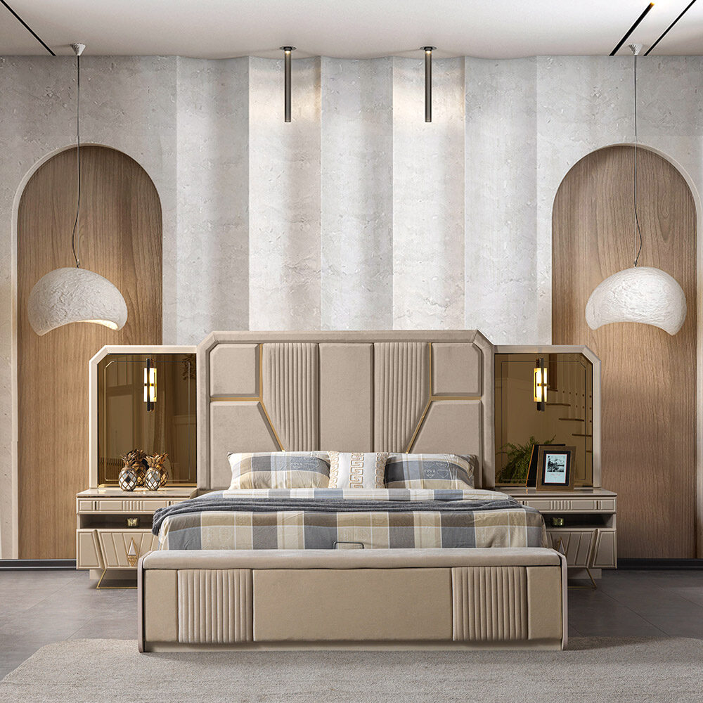 Luxurious beige king-size bed with a geometric padded headboard, matching nightstands, archwood niches, and pendant lights in a modern bedroom.
