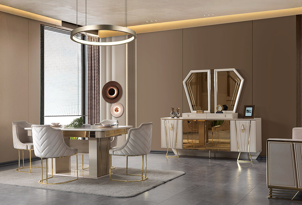 Luxurious modern dining room with a round glass table, white quilted chairs, and gold accents under a circular chandelier.