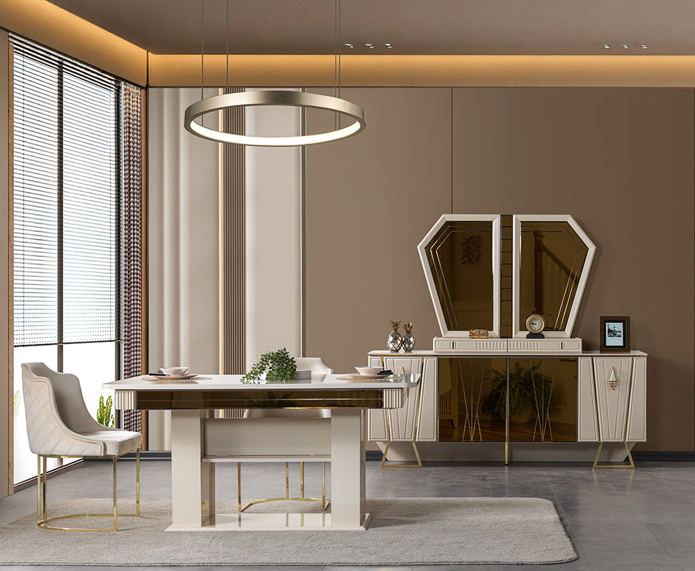 Luxurious dining room with a white and gold table, cream chair, and a circular ring pendant light overhead.