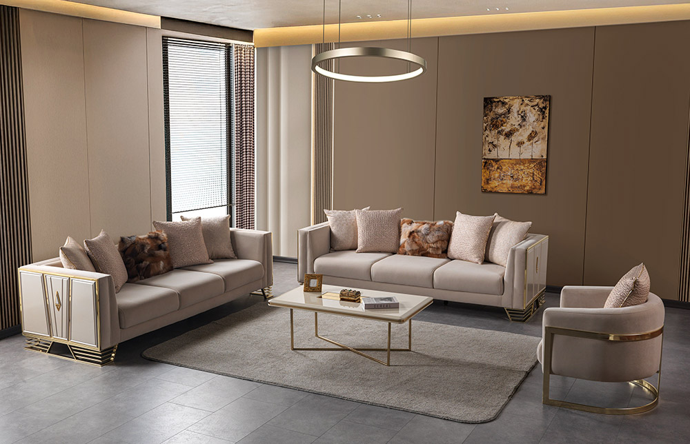 Luxurious beige living room with two matching sofas a glass coffee table and a circular pendant light in warm ambient lighting