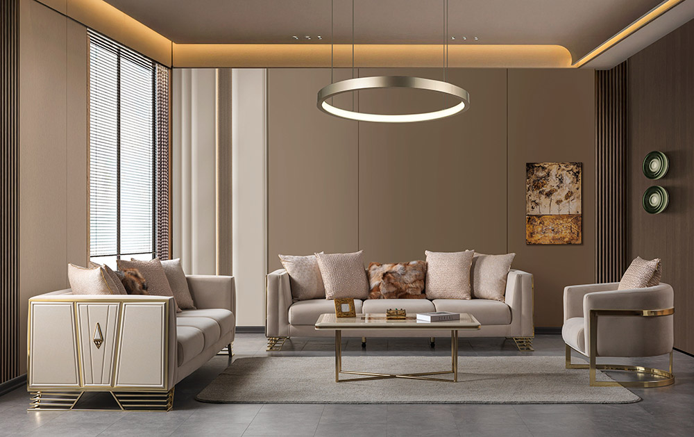 Elegant beige living room with cream sofas and gold accents a circular ring chandelier and a gray area rug