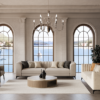 Elegant living room with arched windows overlooking a lake a chandelier and beige sofas arranged around a round coffee table with a neutral rug