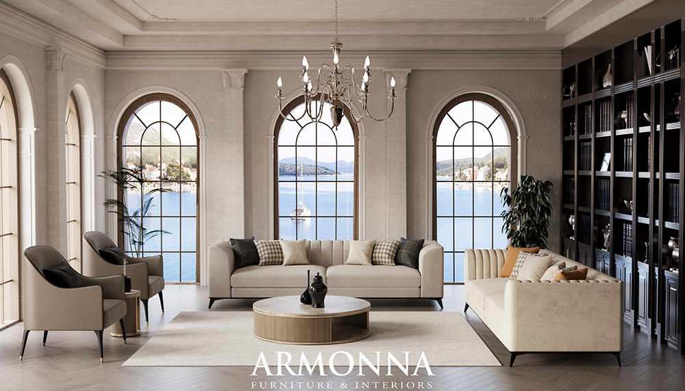 Luxurious living room with beige sofas, arched windows overlooking a lake, and a crystal chandelier.