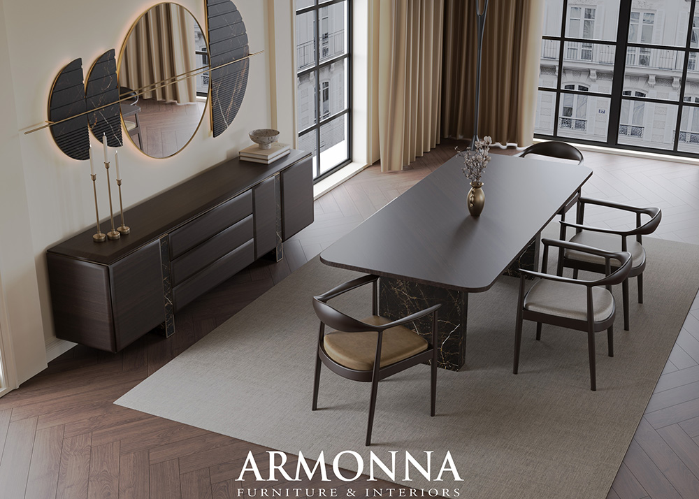 Modern dining room with a dark marble-topped table, six chairs, and a long dark sideboard beneath a round mirror and tall windows; branding at bottom says Armonna Furniture & Interiors.