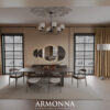 Modern dining room showroom with a long dark table six chairs and a geometric circular mirror wall feature warm neutral tones