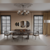 Elegant dining room with a long rectangular table and six chairs a chandelier and a circular mirror art piece on a beige wall