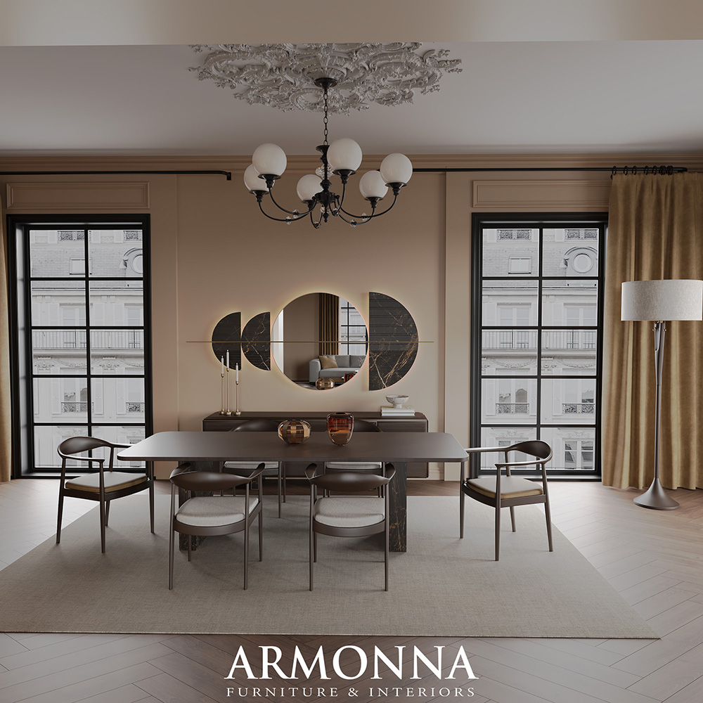 Modern dining room showroom with a long dark table, six chairs, and a geometric circular mirror wall feature; warm neutral tones.