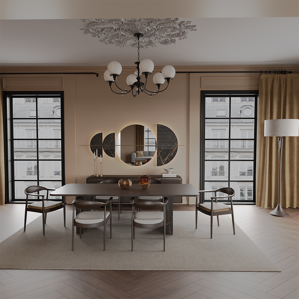 Elegant dining room with a long rectangular table and six chairs, a chandelier, and a circular mirror art piece on a beige wall.