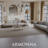 Luxurious living room showroom with two gray sofas round coffee table beige rug and large arched windows with mustard curtains