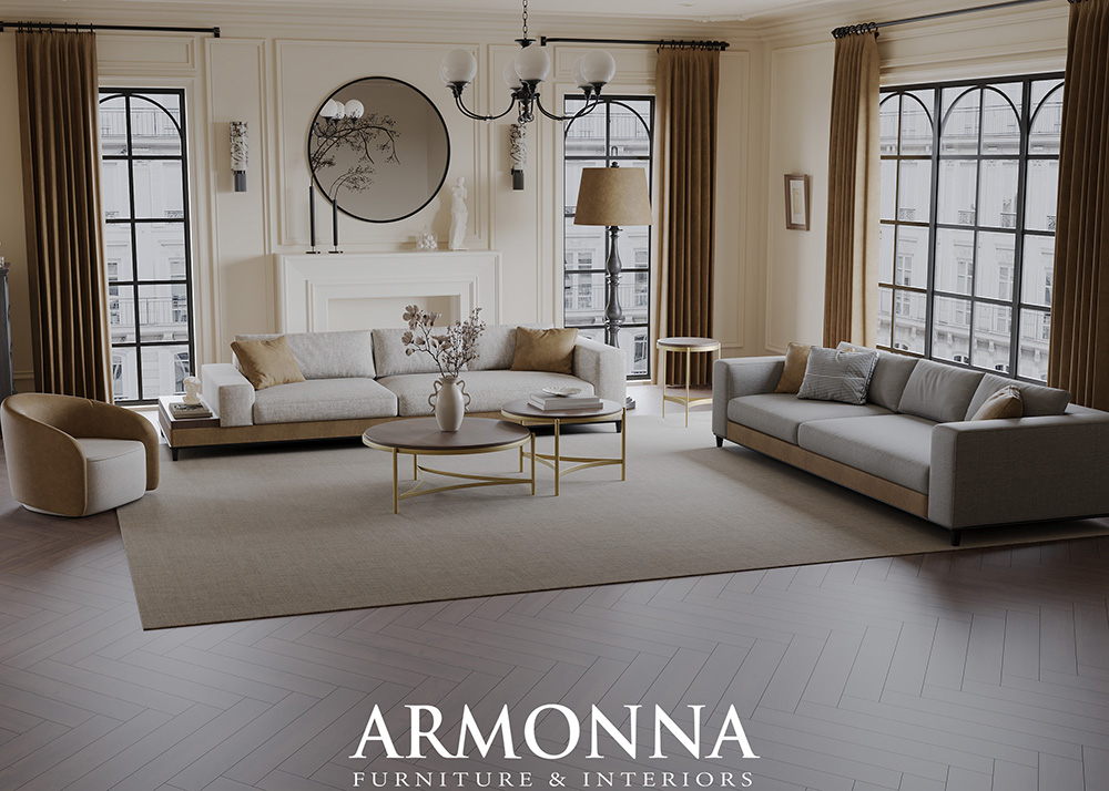 Luxurious living room showroom with two gray sofas, round coffee table, beige rug, and large arched windows with mustard curtains.