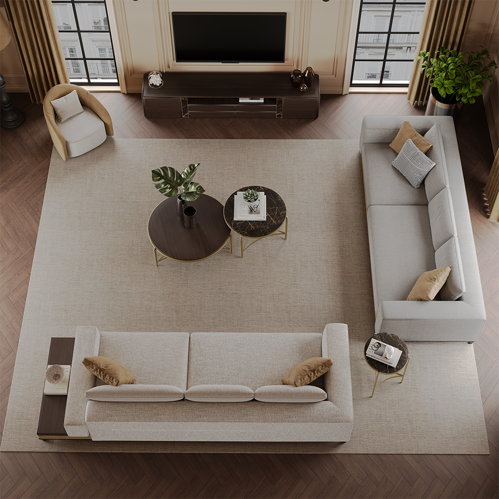 Top-down view of a modern living room with beige sofas, a circular coffee table, and a TV console against large windows.