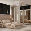Luxurious bedroom with a beige upholstered bed matching nightstands and a mirrored wardrobe bathed in soft lighting