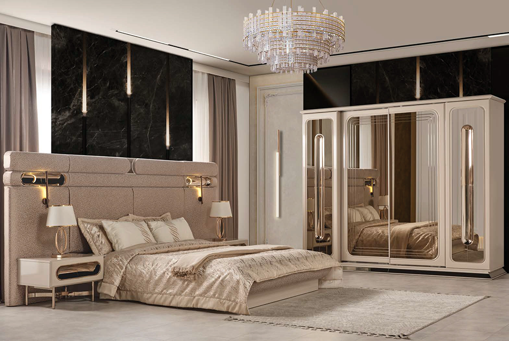 Luxurious bedroom with a beige upholstered bed, matching nightstands, and a mirrored wardrobe, bathed in soft lighting.