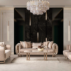Asos Living Room 1 Armonna Luxurious beige velvet living room with matching sofas a glass coffee table and a crystal chandelier