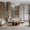 Modern living room with a beige sectional sofa wooden coffee tables and a grey armchair on a light rug