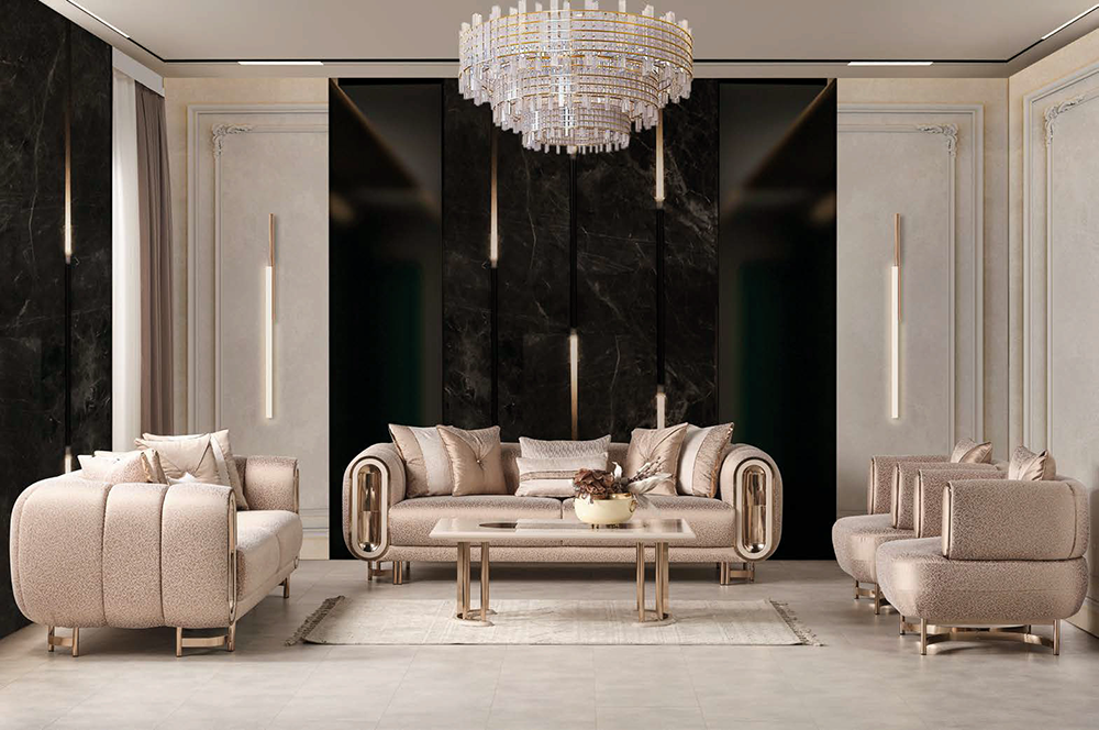 Asos Living Room 1 Armonna Luxurious beige velvet living room with matching sofas a glass coffee table and a crystal chandelier