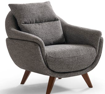 Gray fabric armchair with curved arms and tapered wooden legs, angled to the left on a white background.