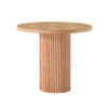 Round wooden table with a vertical slat cylindrical pedestal base by the center of the top