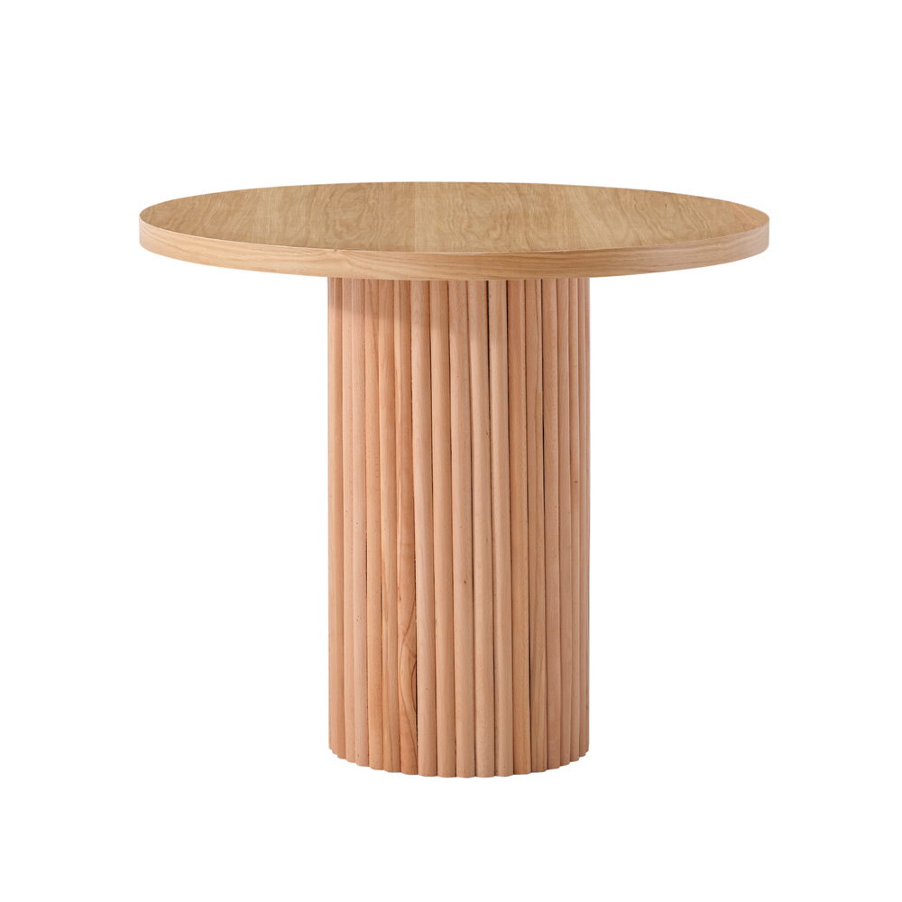 Round wooden table with a vertical slat cylindrical pedestal base by the center of the top.