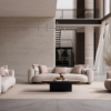 Open airy living room with beige sectional sofas around a round coffee table on a pale rug floor to ceiling windows and a staircase in the background