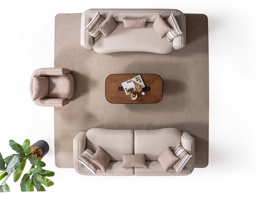 Top-down view of a beige sofa set around a wooden coffee table on a large beige rug with a potted plant in the corner.
