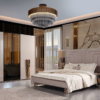 Luxurious bedroom with a plush upholstered bed marble wall and large white wardrobe with mirrored doors