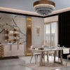 Luxurious modern dining room with a marble wall gold accents and a glass dining table set for four under a circular chandelier