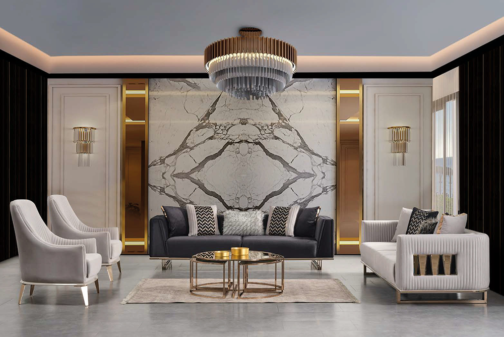Luxurious modern living room with a marble feature wall black sofa white armchairs and gold accents