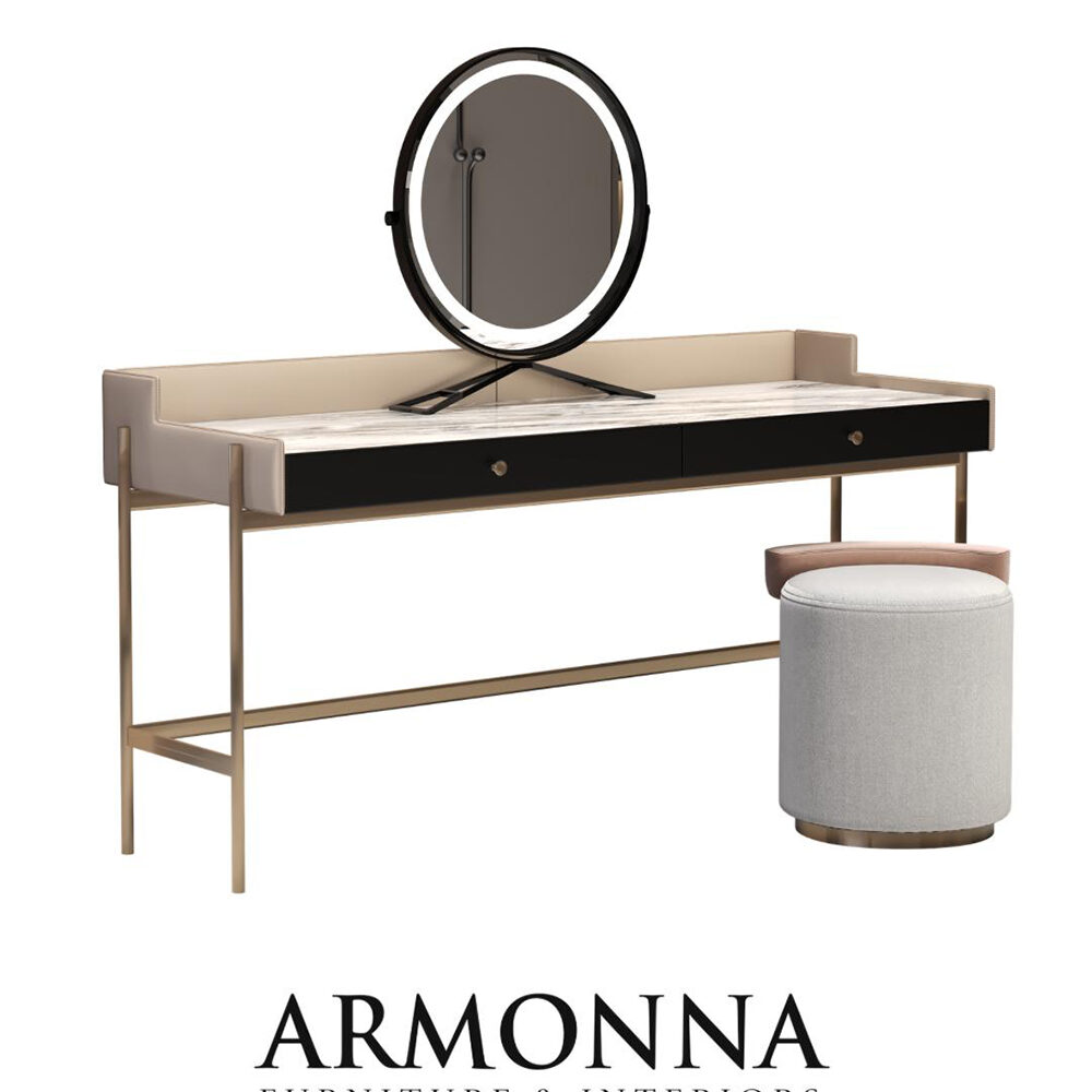 Elegant vanity desk with a round lit mirror, marble top, black drawers, and a gold metal frame with an upholstered stool.