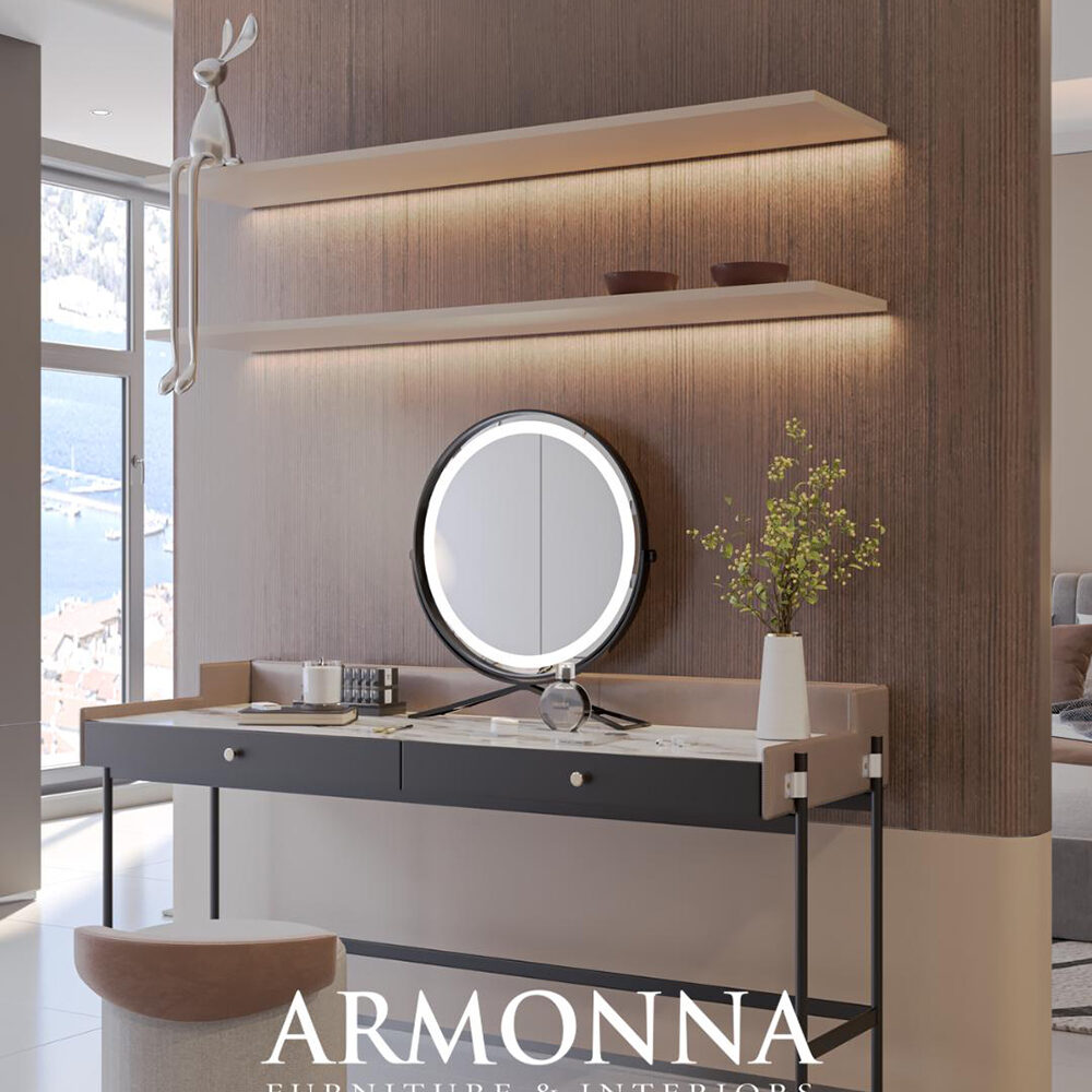 Contemporary vanity with circular backlit mirror, two drawers, and a stool in a bright showroom.