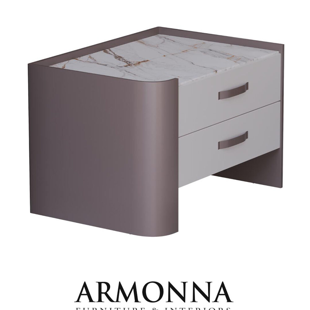 Modern two-drawer nightstand with a marble top and curved brown side panels (product image by Armonna Furniture & Interiors).