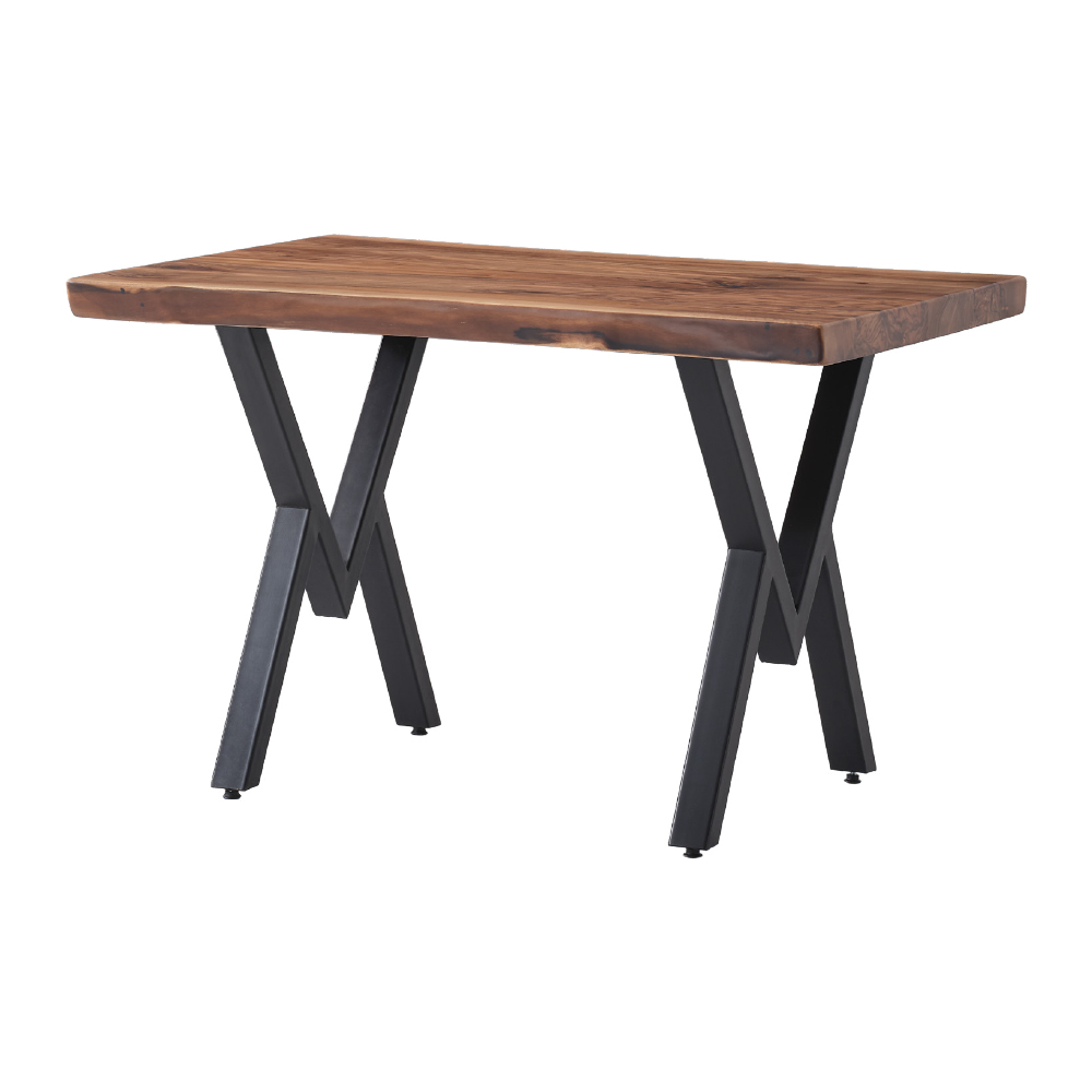 Rectangular walnut-stained wooden table with black metal crisscross legs (industrial style).