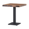 Square live edge wooden tabletop on a black metal pedestal base industrial style table