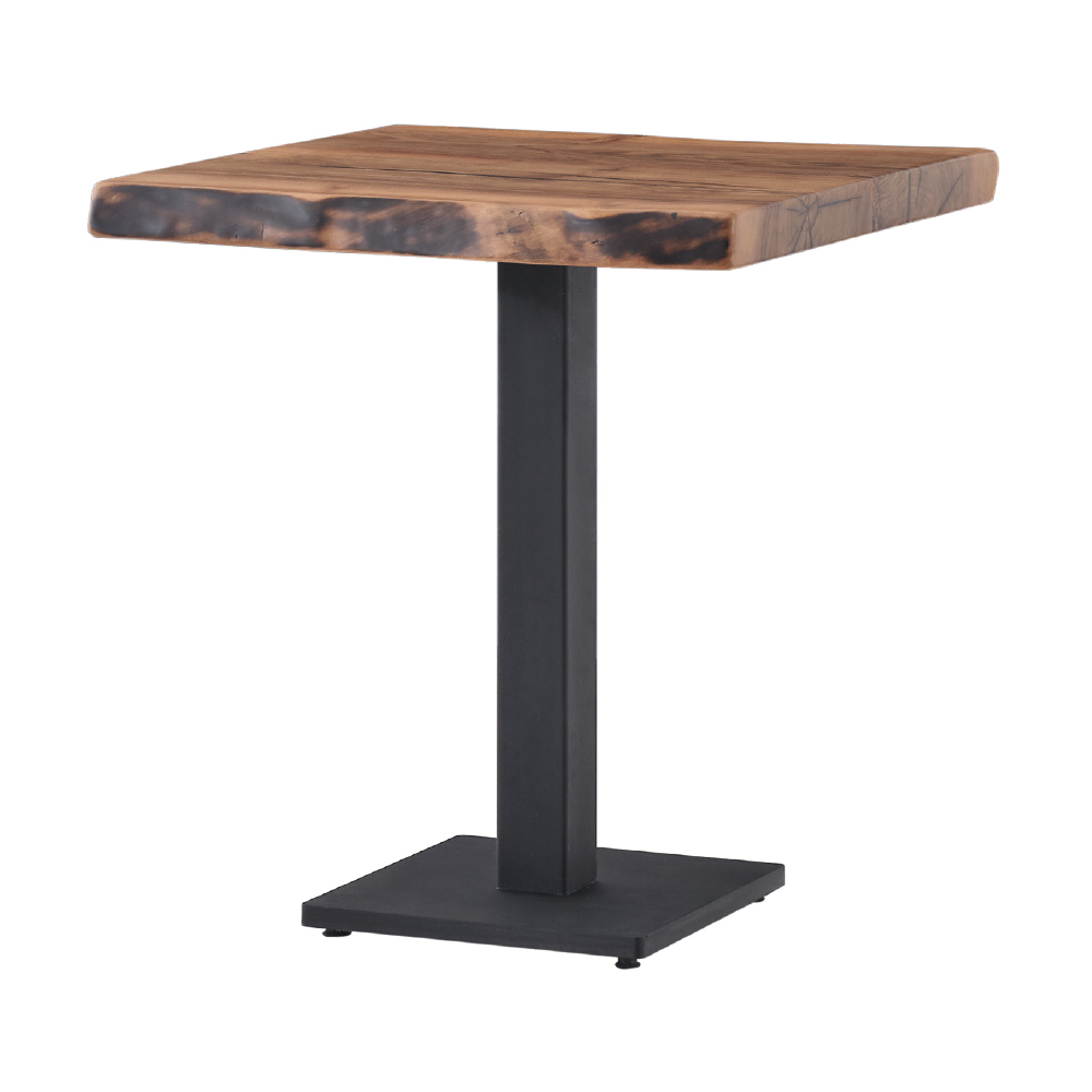 Square live-edge wooden tabletop on a black metal pedestal base, industrial style table