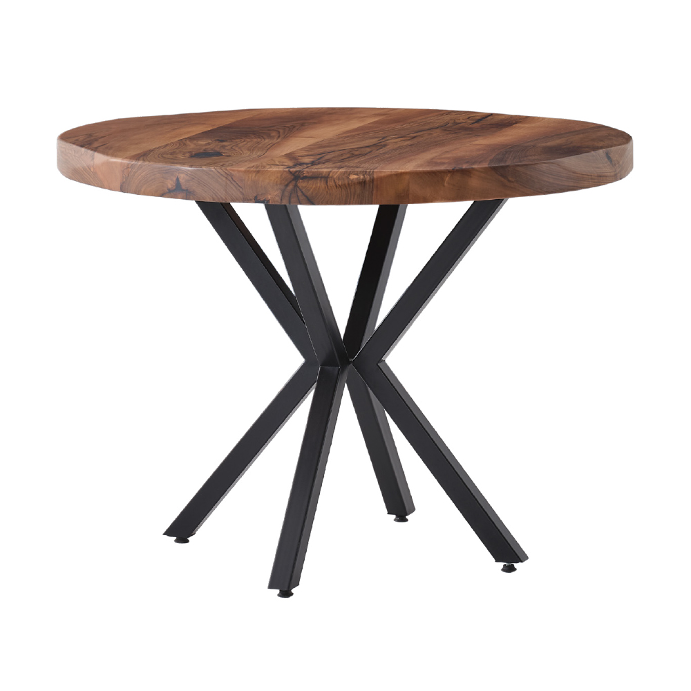 Round wooden-top table with a black crisscross metal leg base, modern industrial design
