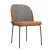 Mid century style chair with a brown leather seat houndstooth upholstered back and black metal legs
