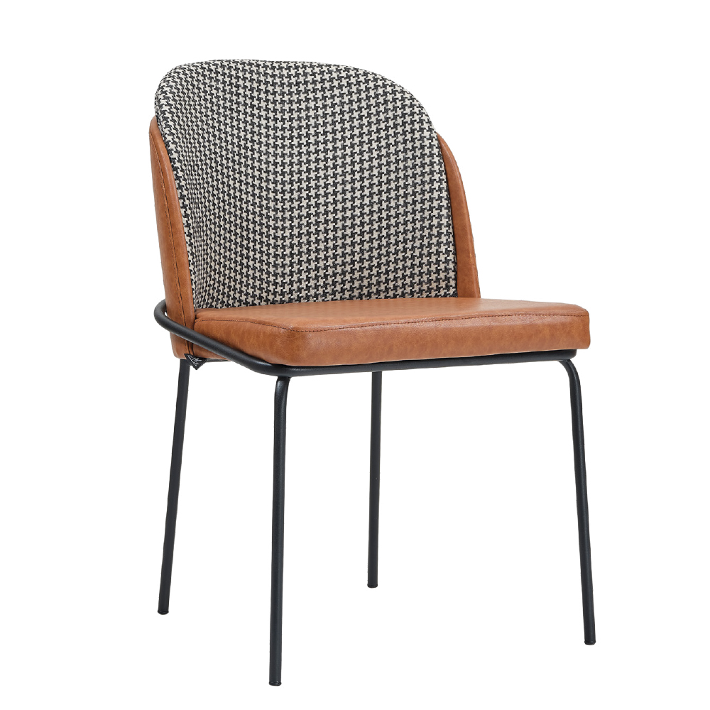 Mid-century style chair with a brown leather seat, houndstooth upholstered back, and black metal legs.
