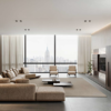 Cloud Corner Sofa 1 Armonna Spacious contemporary living room with a beige L shaped sectional two armchairs and a wood entertainment wall overlooking a city skyline