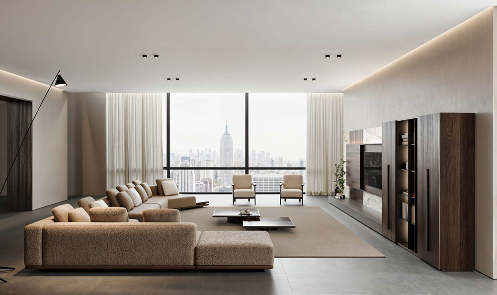 Spacious contemporary living room with a beige L-shaped sectional, two armchairs, and a wood entertainment wall overlooking a city skyline.