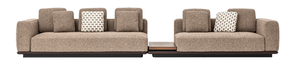 Beige modular sectional sofa in two connected sections with several patterned throw pillows and a small central gap between modules
