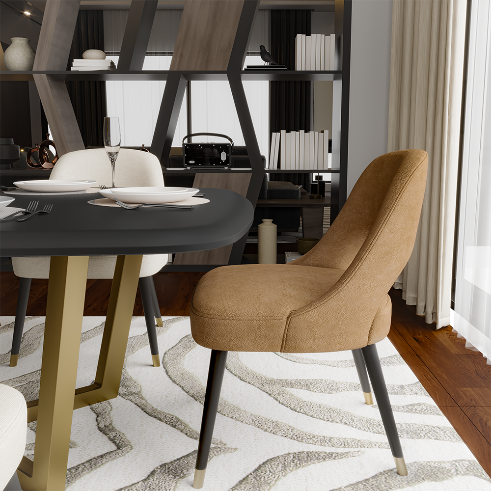 Modern dining scene with a round dark table, beige upholstered chairs, and gold-legged supports; plates and a glass are set for a meal, with a geometric bookshelf wall in the background.