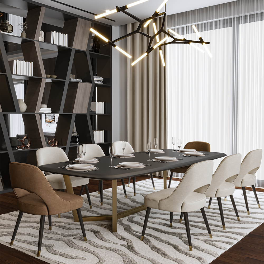 Como Dining Room Custom Production 1 Armonna Modern dining room with a long black table beige chairs a brown accent chair geometric bookshelf wall and a sculptural light fixture