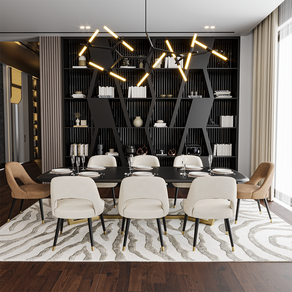 Como Dining Room Custom Production 3 Armonna Modern dining room with a black geometric bookcase wall a long black dining table set for eight and cream and tan chairs under a modern chandelier