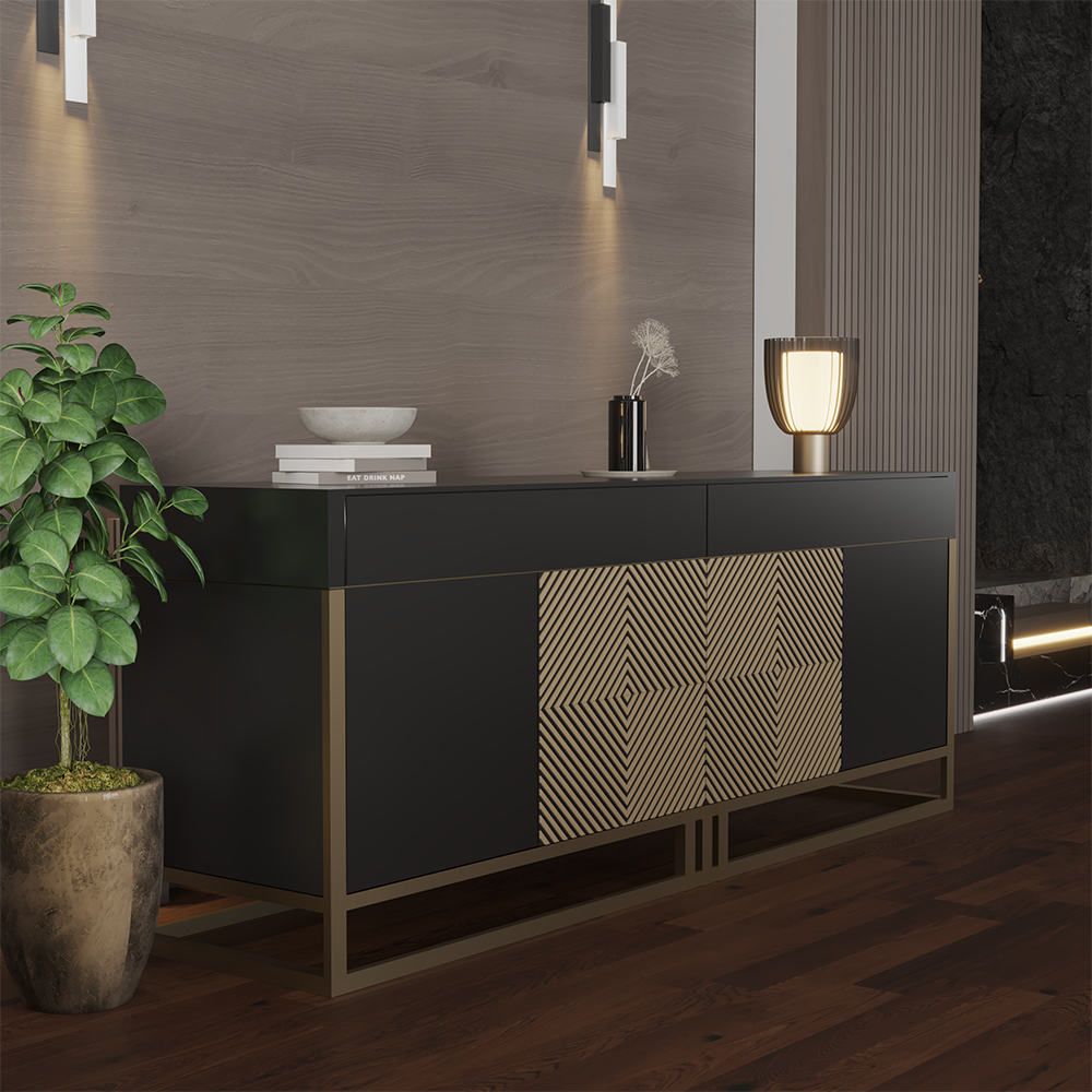 Como Dining Room Custom Production 4 Armonna Modern black sideboard with brass frame and geometric chevron panels in a chic living room with a potted plant and decorative items on top
