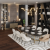 Luxurious dining room with a long black table set for a formal meal cream chairs and a zebra pattern rug