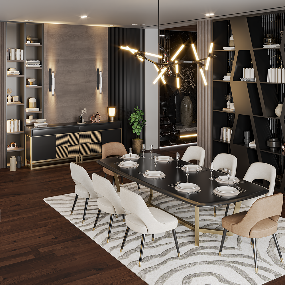 Luxurious dining room with a long black table set for a formal meal, cream chairs, and a zebra-pattern rug.