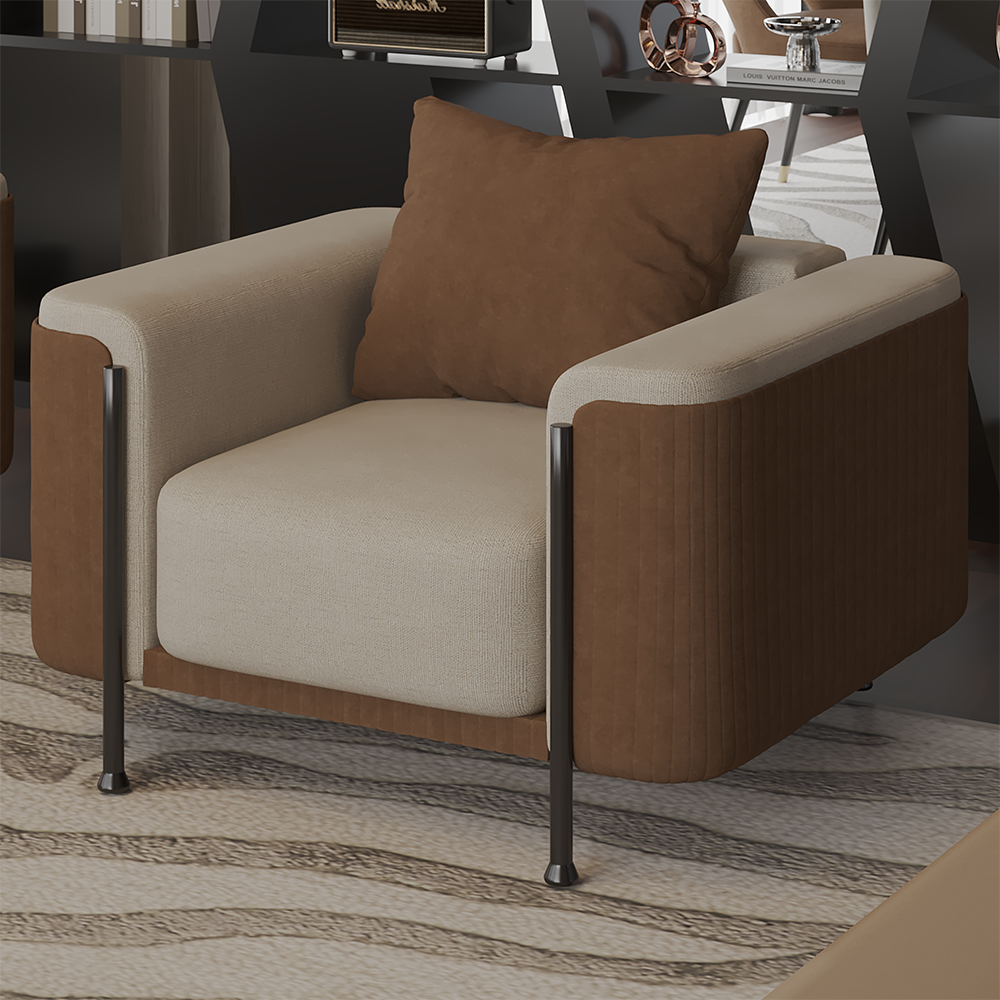 Modern beige fabric armchair with brown curved sides and a brown cushion, set on a light patterned rug in a stylish living room.