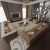 Luxurious living room with brown and beige sofas around a low coffee table a fireplace with a mounted TV and a large geometric bookcase divider